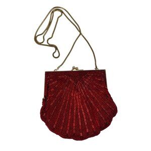 Vintage Beaded Clam Shell Evening Bag Clutch Crossbody Purse Red